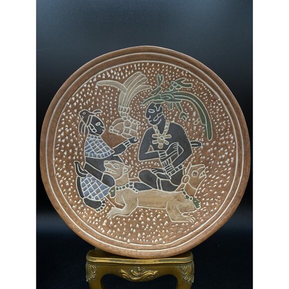 Mexico Mayan Hand Painted Carved Terracotta 9.5” Wall Plate Mesoamerica Style - Picture 2 of 7
